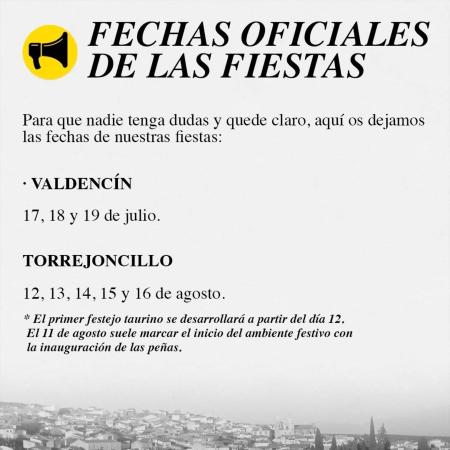 Imagen FECHAS OFICIALES DE LAS FIESTAS DE TORREJONCILLO Y VALDENCÍN