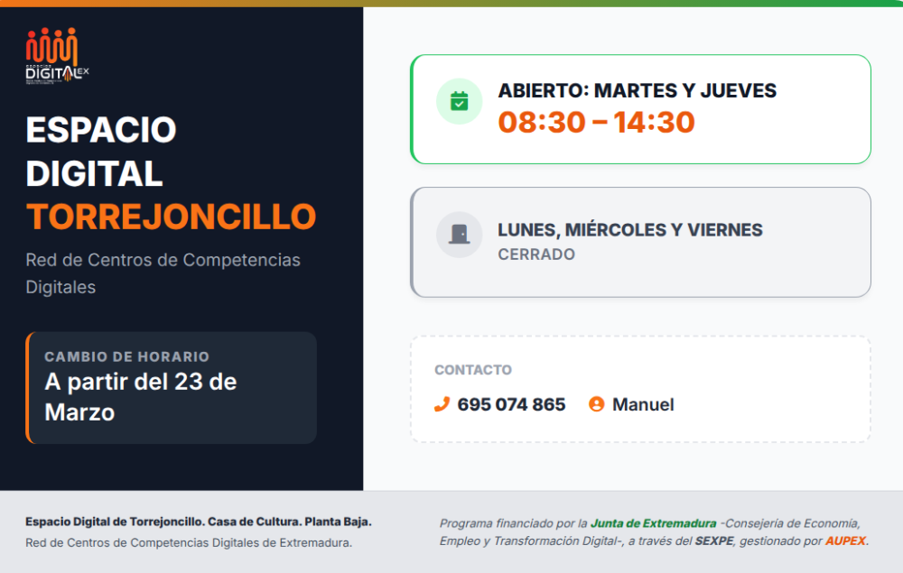 Imagen Cambio de horario – Espacio Digital de Torrejoncillo.